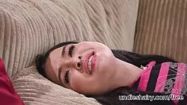 Sexy brunette ryder rey craves nade nasty's big cock on the couch.