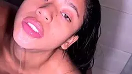 Cute Brunette Gives Slobbery Blowjob to Huge BBC in Bathroom With Deepthroat and Ball Licking Until Cumshot