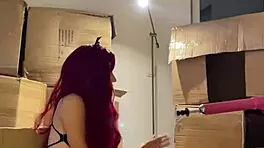 i'm a red haired teen beauty dancing sexy striptease then setting up sex machine with dildo in my mouth