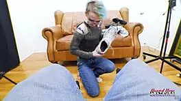 Petite blue haired raven finger fucks twat and sucks juicy big cock