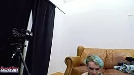 Petite blue haired raven finger fucks twat and sucks juicy big cock