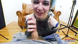 Petite blue haired raven finger fucks twat and sucks juicy big cock