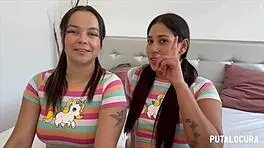 two cute colombian teens give handjob and swallow cum in bedroom.