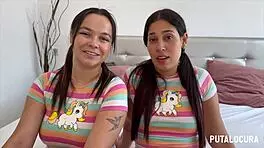 two cute colombian teens give handjob and swallow cum in bedroom.