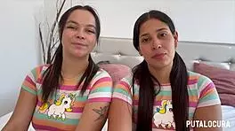 two cute colombian teens give handjob and swallow cum in bedroom.