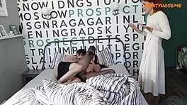 Stepmom walks in on step daughter having sex and joins in ffm threesome.