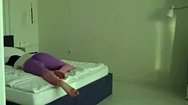 The horny stepson spies on his young 18+ brunette stepmom masturbating with natural tits and blue eyes, then bends her over for rough doggystyle creampie pounding.