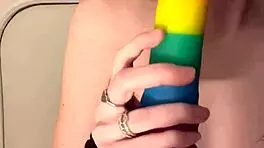 Tiny petite amateur with small tits rides huge dildo thicker than her arm deep in her little pussy, orgasms and leaks cum into used panties.