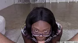 cute black teen gives messy blowjob and gets big facial on her glasses with dirty talk.