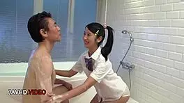 Suzu Ichinose reveals her shaved pussy before receiving a hardcore creampie.