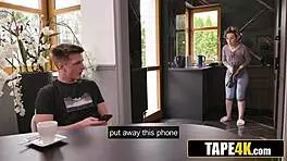 horny married milf in fishnets begs young 18+ stud for blowjob and pussy fucking