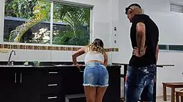 Brunette young latina housewife with small tits and piercing gets pretty ass bent over in muscular tattooed colombian encounter