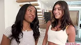 Passionate guy fucking ebony wife and her best friend intensely.