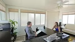 man intensely uses young student girl as whore in his big office for cash