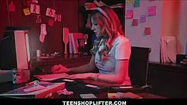 Skinny Blonde Teen 18+ Reporter Watches Tape Of Petite Ebony Teen 18+ Shoplifter With Mall Cop