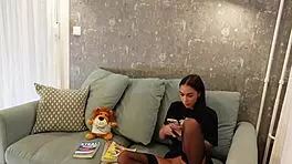 Check out this frustrated handjob on a hot petite girl without panties in black stockings!