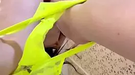 Russian brunette in panties masturbates, rubbing ass and small tits, double fingering pussy and ass