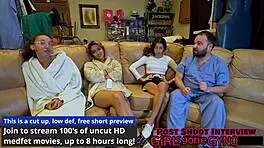 Aria Nicole spreads her shaved pussy for the nurse