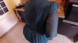 Blonde girl pulls big panties for kitchen fuck