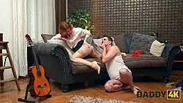 redhead goes crazy and jumps on daddy's cock