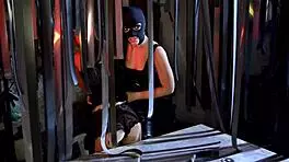 Masked blonde teen slut takes on huge monster cock in intense group threesome action