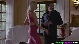 Adorable petite blonde teen hooker gives deepthroat blowjob to older man in bedroom!