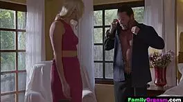 Adorable petite blonde teen hooker gives deepthroat blowjob to older man in bedroom!