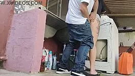 housewife welcomes technician home while husband is out for some fun