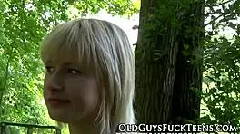 Outdoor teen swallows old man's cock boldly