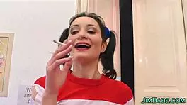 old guy with young teen in stockings gargling spunk