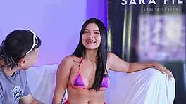Petite Camila Henao Sucks and Masturbates in Lingerie on TV Interview