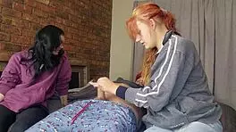 Two shy girls contrastingly handle one massive cock in intriguing ffm play.