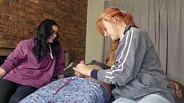 Two shy girls contrastingly handle one massive cock in intriguing ffm play.