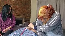 Two shy girls contrastingly handle one massive cock in intriguing ffm play.