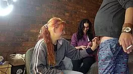 Two shy girls contrastingly handle one massive cock in intriguing ffm play.