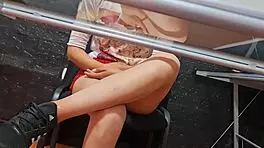 The risky spy camera captures beautiful secretary Nataly in upskirt shots at the university faculty.