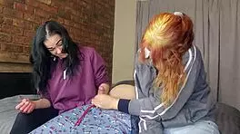 Two shy girls contrastingly handle one massive cock in intriguing ffm play.