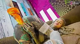 Tattoo girl feels pleasure in solo anal play with big dildo in sexy fishnets