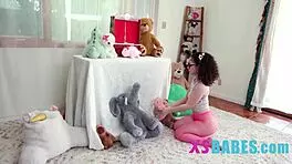 I watch as the tiny teen babe gets her cute pussy licked and stuffed with massive meat like a fuck doll.