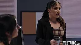 Latina milf teacher engages in threesome with two petite teen students in the classroom