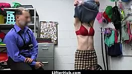 the loss prevention officer catches the suspect and takes her to the backroom for some hardcore action. she gives a blowjob and rides in the office.