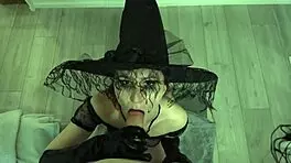 Sexy witch deepthroats monster cock for cum potion