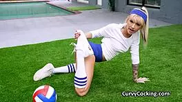 Fit blonde stretching before sucking dick