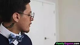 school teen rides her stuck father's cock in the kitchen for an orgasm