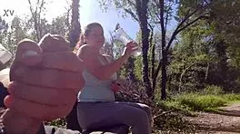 I seduce exhibitionist milf for deepthroat and cum on tits in park