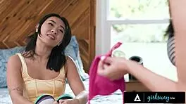 horny petite 18+ kimmy kimm spies on stacked reagan foxx trying bikinis then they scissor wildly