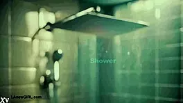 Cute brunette with long hair took a shower