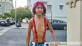 topless in suspenders micro skirt flashing natural tits outdoor