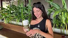 Teen babe does crazy cumwalk blowjob in public toilet drinking coffee with sperm