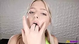 In this scene, a blonde teen 18+ delivers an amazing interracial blowjob on a huge bbc.